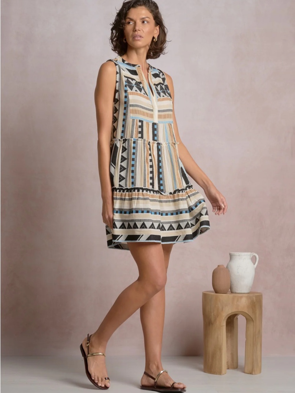 NWT Elan Boho Tribal Print Sleeveless Mini Dress Neutral Beige Black Blue Dress - Picture 4 of 5